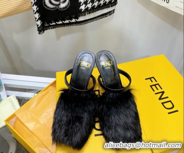 Top Quality Fendi First Rabbit Fur F High Heel Sandals 8cm 092442 Black