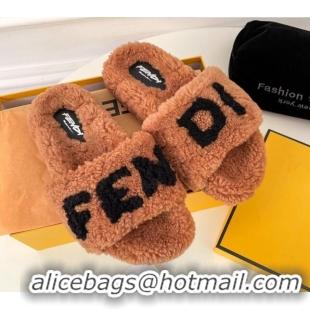 Best Quality Fendi Logo Shearling Flat Slide Sandals 092443 Brown