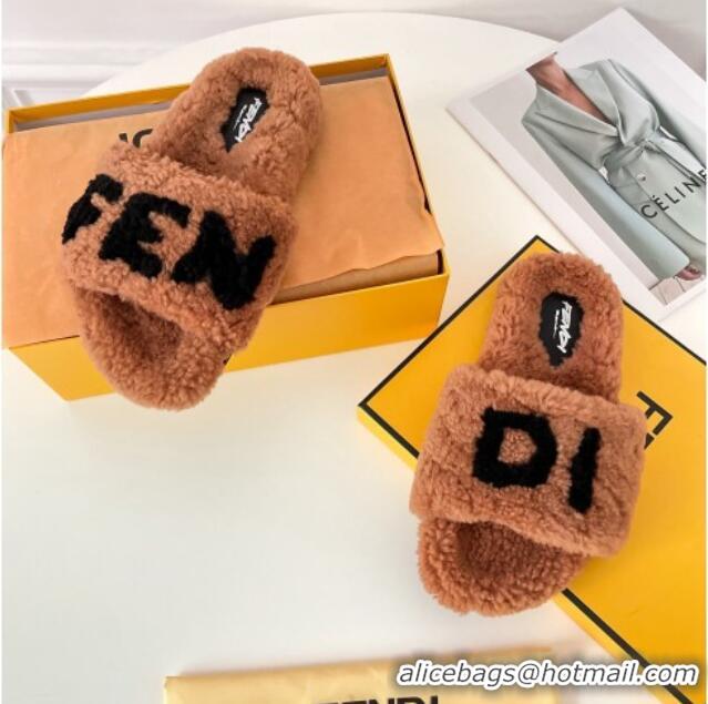 Best Quality Fendi Logo Shearling Flat Slide Sandals 092443 Brown