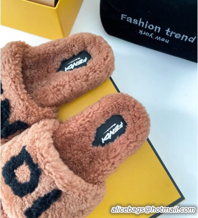 Best Quality Fendi Logo Shearling Flat Slide Sandals 092443 Brown