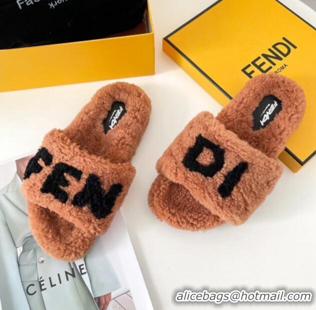 Best Quality Fendi Logo Shearling Flat Slide Sandals 092443 Brown