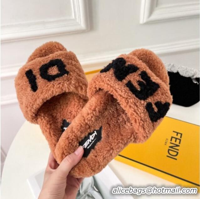 Best Quality Fendi Logo Shearling Flat Slide Sandals 092443 Brown