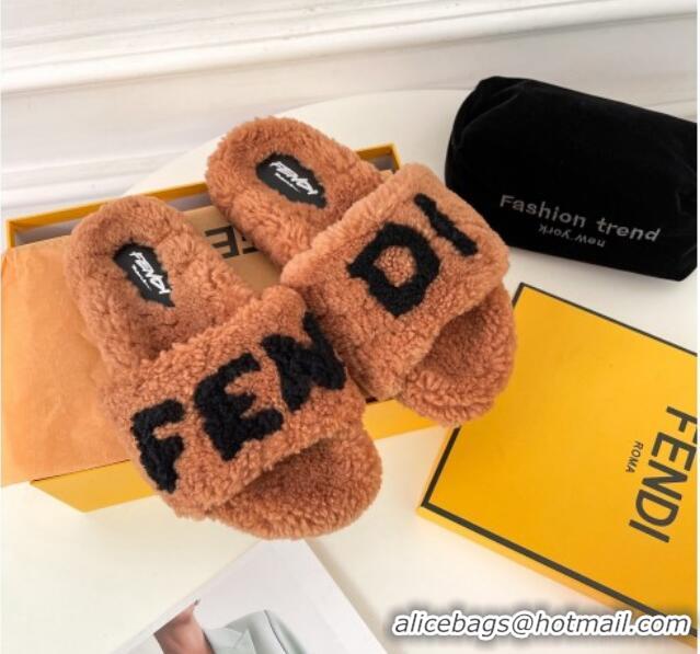 Best Quality Fendi Logo Shearling Flat Slide Sandals 092443 Brown