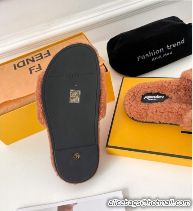 Best Quality Fendi Logo Shearling Flat Slide Sandals 092443 Brown