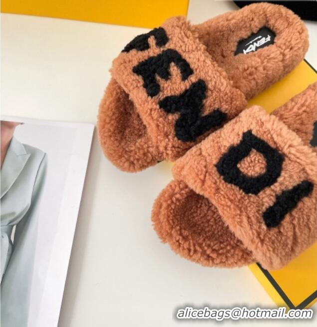 Best Quality Fendi Logo Shearling Flat Slide Sandals 092443 Brown