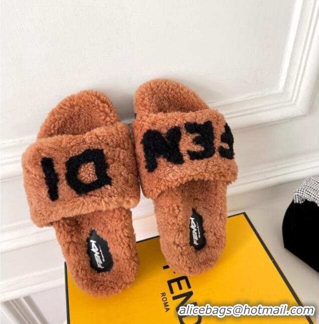 Best Quality Fendi Logo Shearling Flat Slide Sandals 092443 Brown