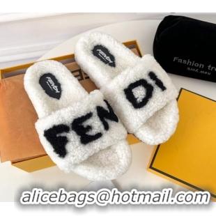 Discount Fendi Logo Shearling Flat Slide Sandals 092443 White