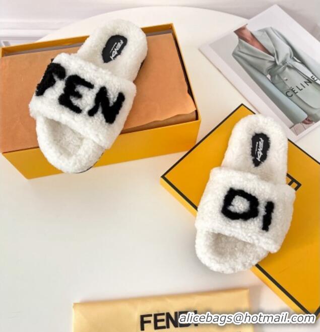 Discount Fendi Logo Shearling Flat Slide Sandals 092443 White