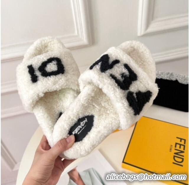 Discount Fendi Logo Shearling Flat Slide Sandals 092443 White