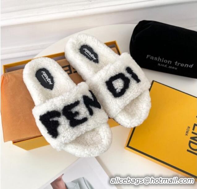 Discount Fendi Logo Shearling Flat Slide Sandals 092443 White