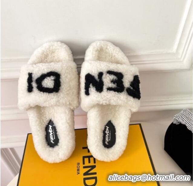 Discount Fendi Logo Shearling Flat Slide Sandals 092443 White