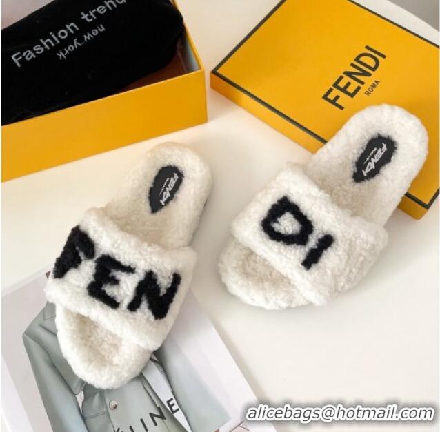 Discount Fendi Logo Shearling Flat Slide Sandals 092443 White