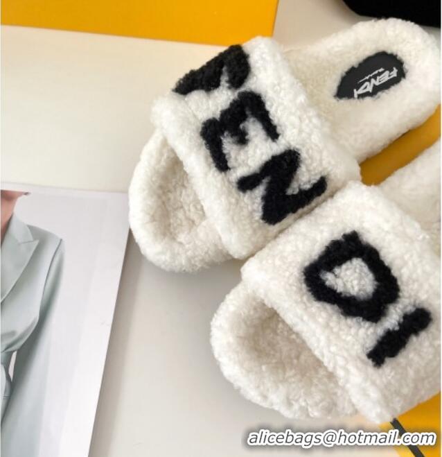 Discount Fendi Logo Shearling Flat Slide Sandals 092443 White