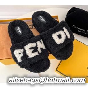 Best Price Fendi Logo Shearling Flat Slide Sandals 092443 Black