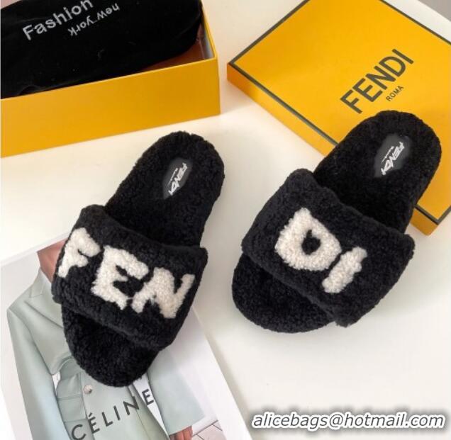 Best Price Fendi Logo Shearling Flat Slide Sandals 092443 Black