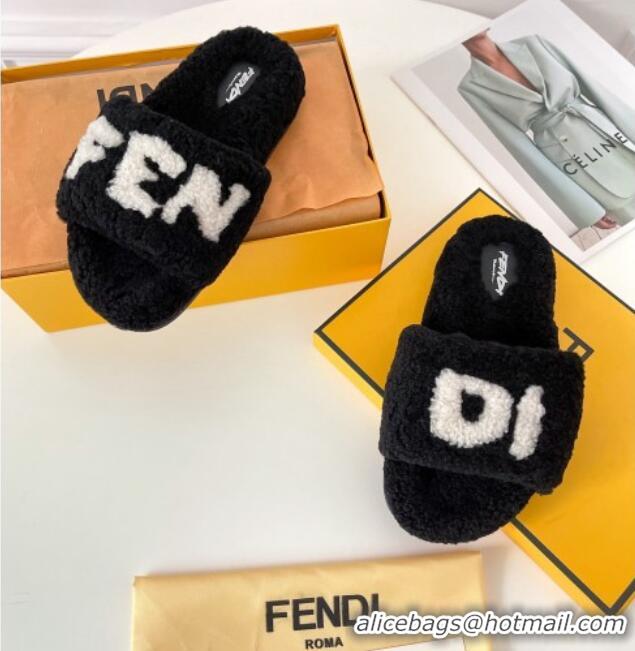 Best Price Fendi Logo Shearling Flat Slide Sandals 092443 Black