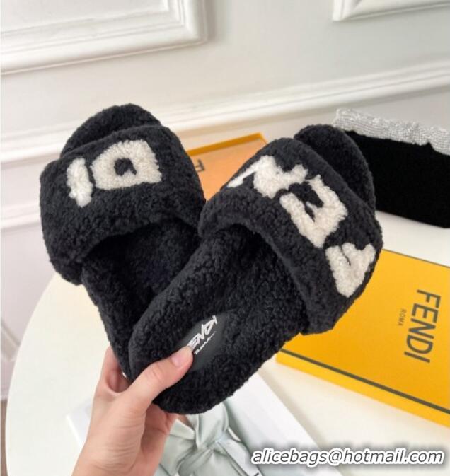 Best Price Fendi Logo Shearling Flat Slide Sandals 092443 Black