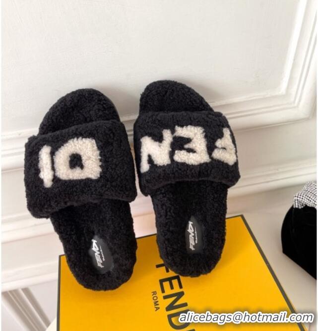 Best Price Fendi Logo Shearling Flat Slide Sandals 092443 Black