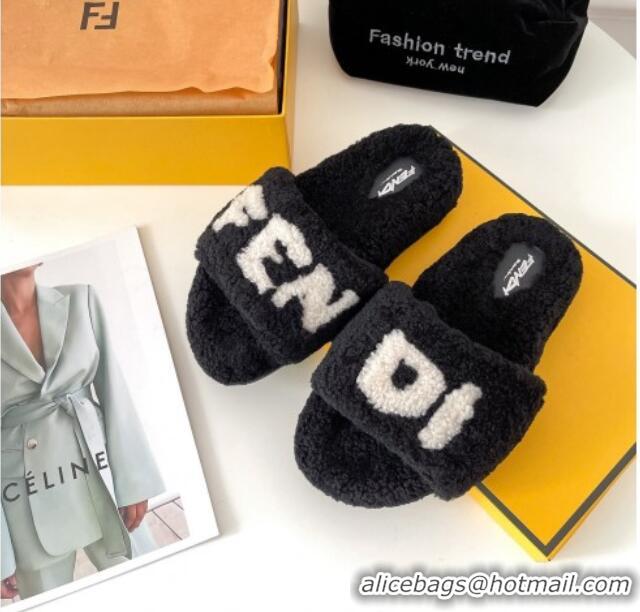 Best Price Fendi Logo Shearling Flat Slide Sandals 092443 Black