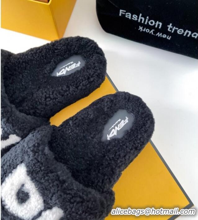 Best Price Fendi Logo Shearling Flat Slide Sandals 092443 Black