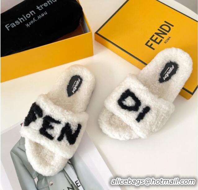 New Product Fendi Logo Shearling Flat Slide Sandals 092446 White