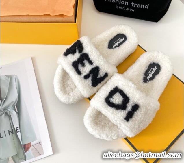 New Product Fendi Logo Shearling Flat Slide Sandals 092446 White