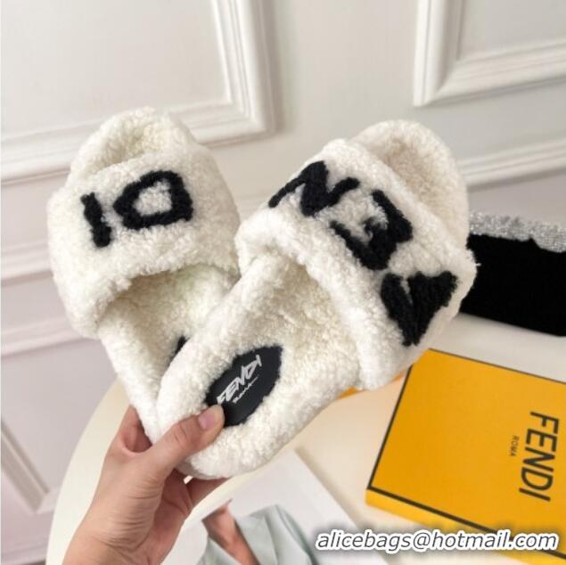 New Product Fendi Logo Shearling Flat Slide Sandals 092446 White