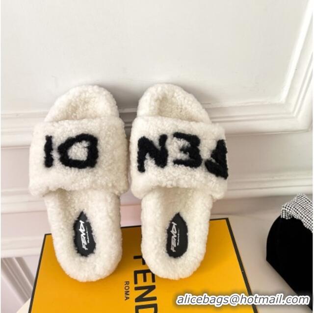 New Product Fendi Logo Shearling Flat Slide Sandals 092446 White