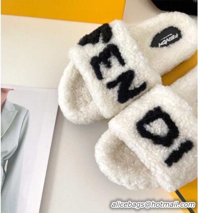 New Product Fendi Logo Shearling Flat Slide Sandals 092446 White