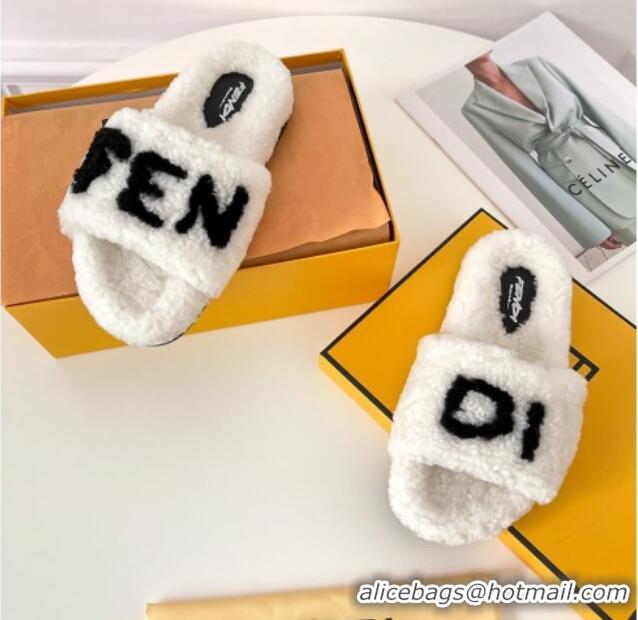 New Product Fendi Logo Shearling Flat Slide Sandals 092446 White