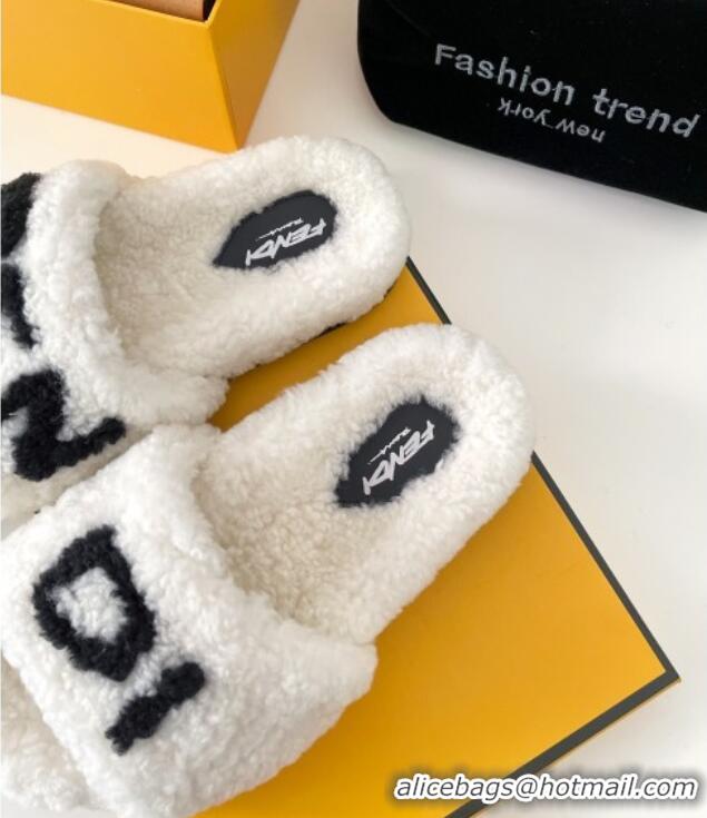 New Product Fendi Logo Shearling Flat Slide Sandals 092446 White