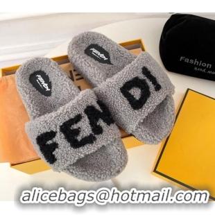 Luxury Fendi Logo Shearling Flat Slide Sandals 092446 Grey