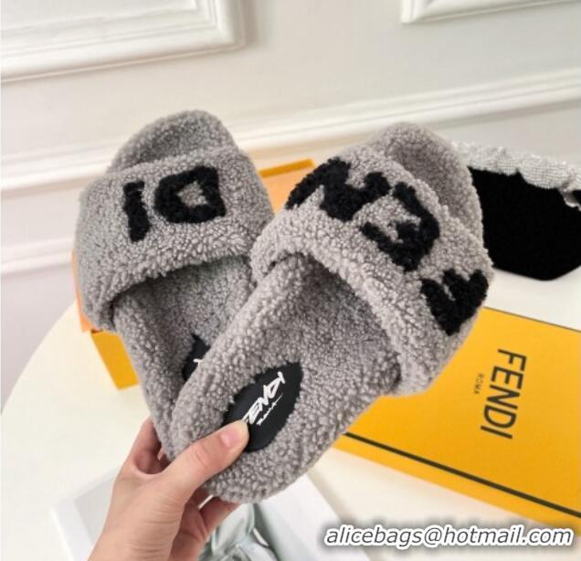 Luxury Fendi Logo Shearling Flat Slide Sandals 092446 Grey