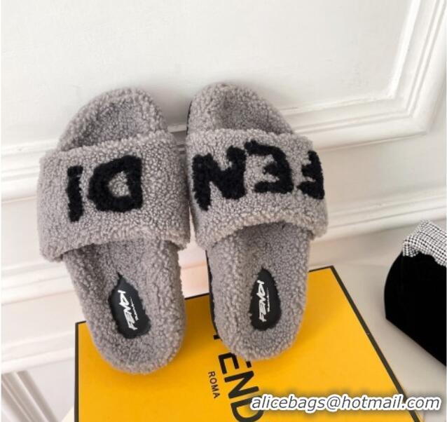 Luxury Fendi Logo Shearling Flat Slide Sandals 092446 Grey