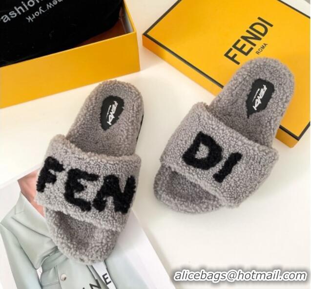 Luxury Fendi Logo Shearling Flat Slide Sandals 092446 Grey