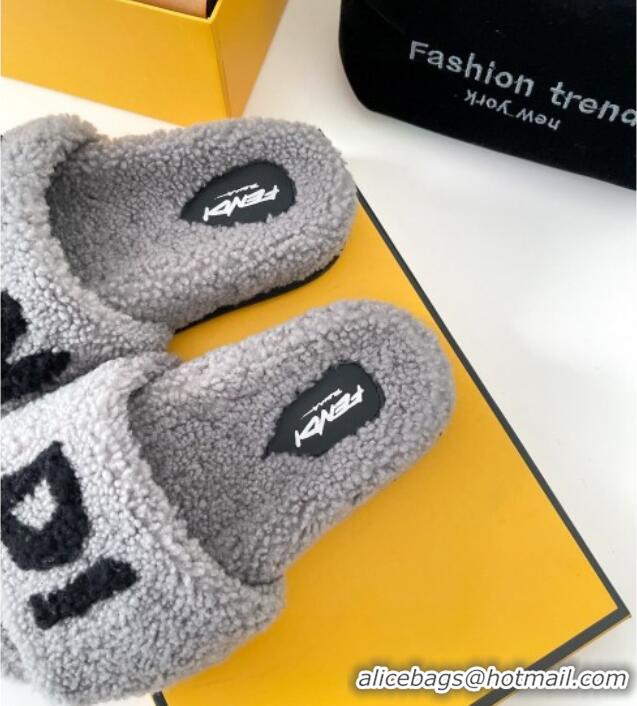 Luxury Fendi Logo Shearling Flat Slide Sandals 092446 Grey