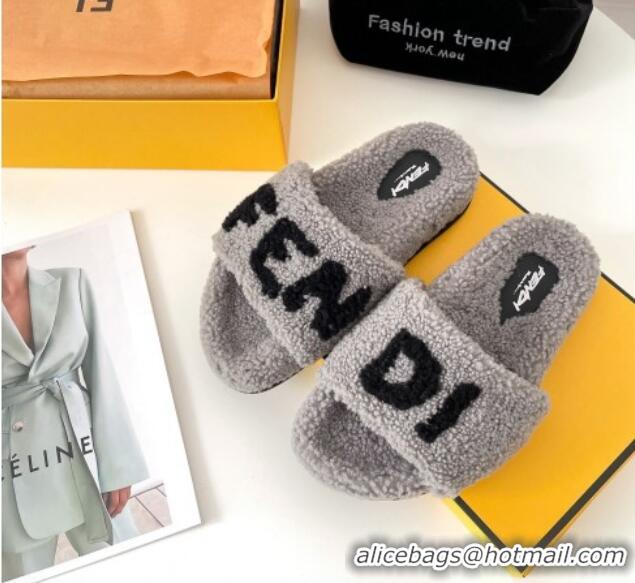 Luxury Fendi Logo Shearling Flat Slide Sandals 092446 Grey