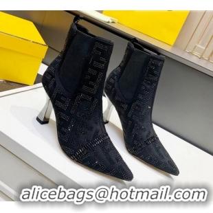 New Fashion Fendi Colibri FF Crystal Ankle Boots 8.5cm 092458 Black