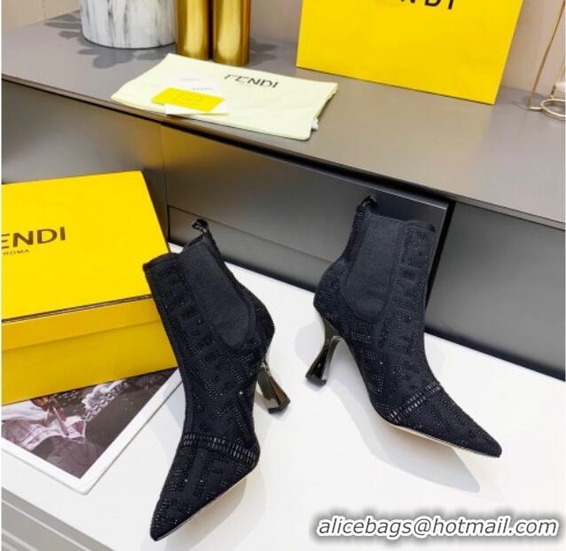 New Fashion Fendi Colibri FF Crystal Ankle Boots 8.5cm 092458 Black