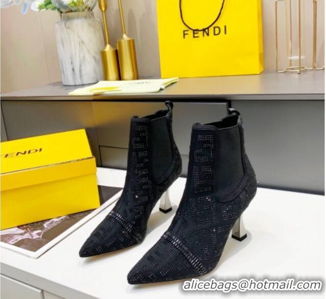 New Fashion Fendi Colibri FF Crystal Ankle Boots 8.5cm 092458 Black