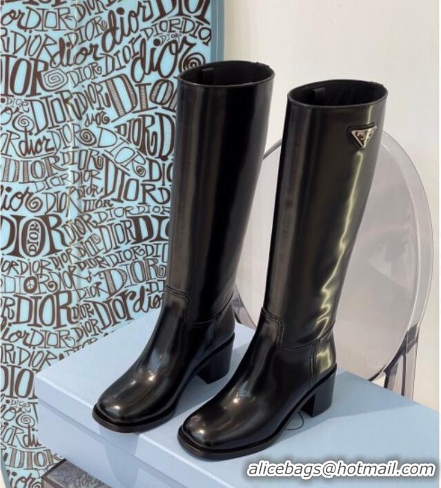 Perfect Prada Brushed Leather High-Leg Boots 091803 Black