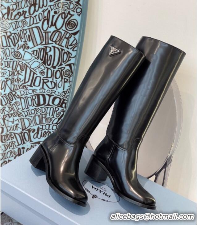 Perfect Prada Brushed Leather High-Leg Boots 091803 Black