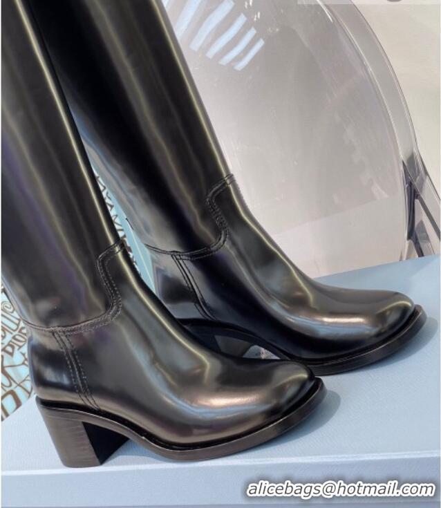 Perfect Prada Brushed Leather High-Leg Boots 091803 Black