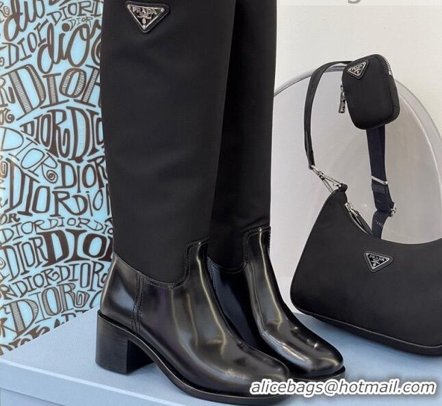 Discount Design Prada Brushed Leather and Nylon High-Leg Boots 091804 Black