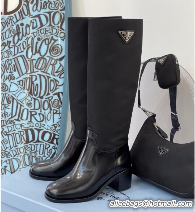 Discount Design Prada Brushed Leather and Nylon High-Leg Boots 091804 Black