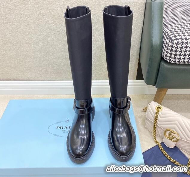 Super Quality Prada Brushed Leather and Nylon High Boots 091805 Black