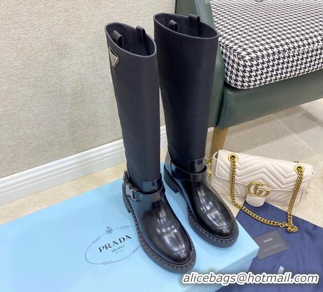 Super Quality Prada Brushed Leather and Nylon High Boots 091805 Black