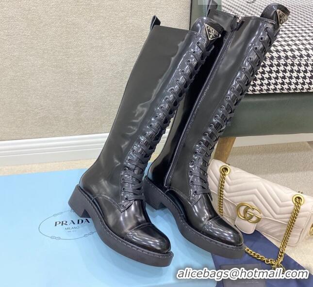 Good Quality Prada Brushed Leather High Boots 091812 Black