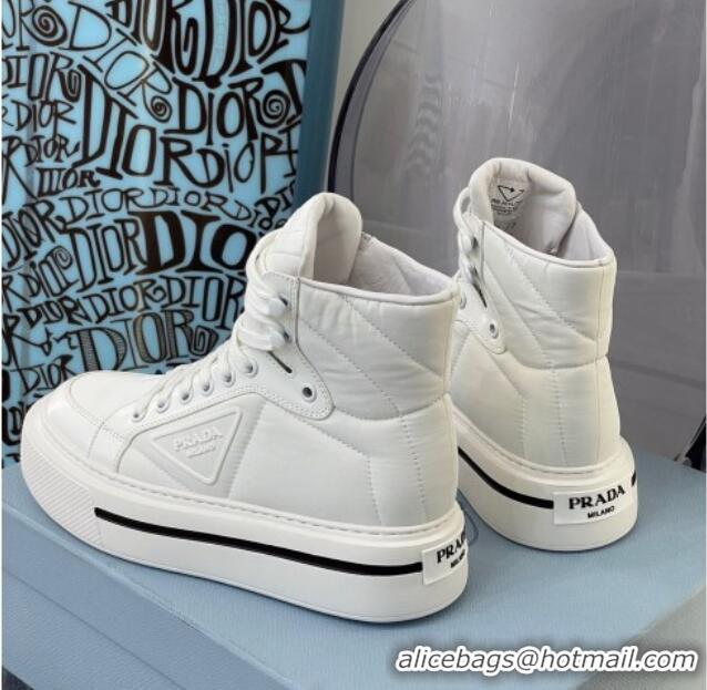 Classic Practical Prada Macro Re-Nylon and Brushed Leather High-Top Sneakers 091823 White