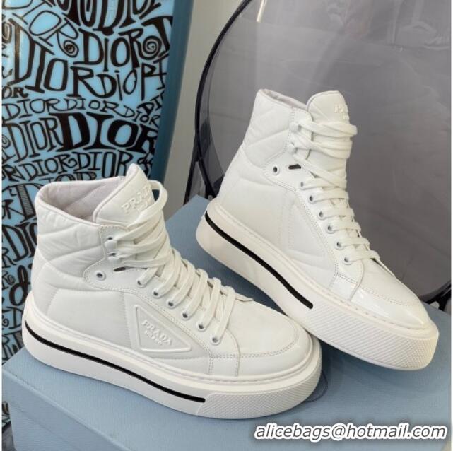 Classic Practical Prada Macro Re-Nylon and Brushed Leather High-Top Sneakers 091823 White